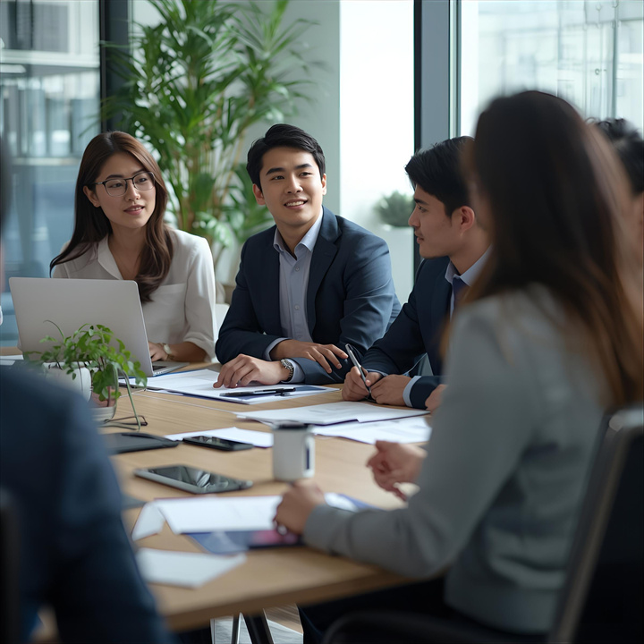 Professionals discussing financial reports around a table
